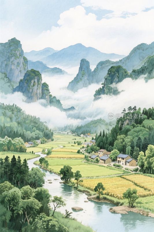 山水田园风景插画