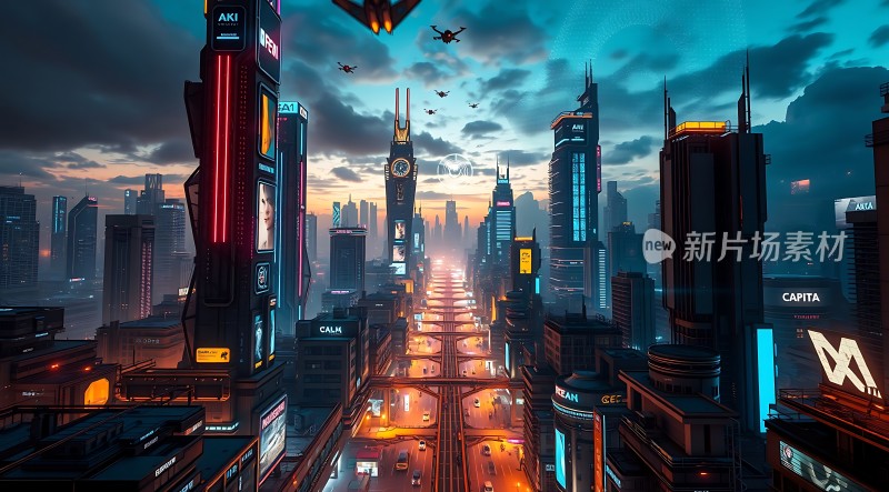 未来都市夜景霓虹闪烁科技感十足