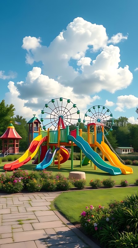 蓝天白云下的彩色游乐场