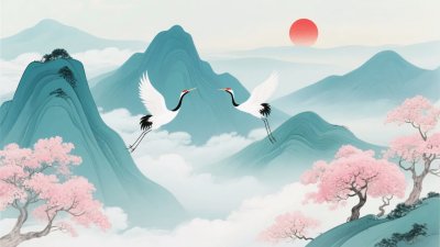 山水间双鹤伴红日飞翔图景 山水间双鹤伴红日飞翔图景