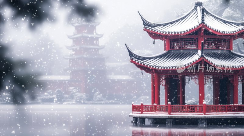 冬天中国塔楼亭台楼阁下雪古风雪景