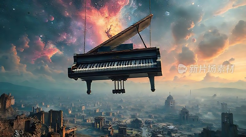 钢琴悬空星空下的废墟之城