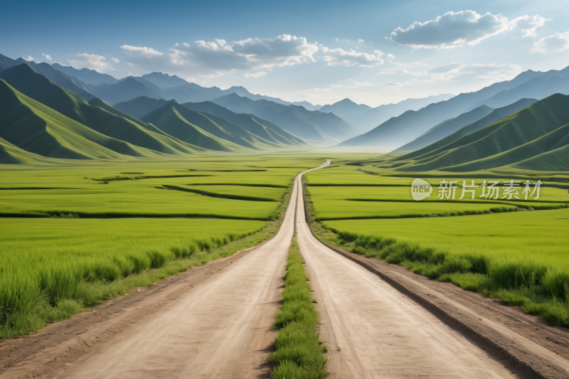 绿地中央的土路山脉风光风景图片