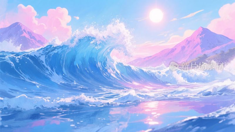 梦幻海浪与山间日出景象