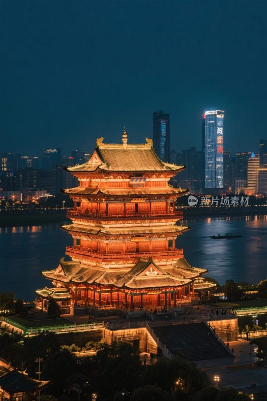 城市夜景古塔灯火