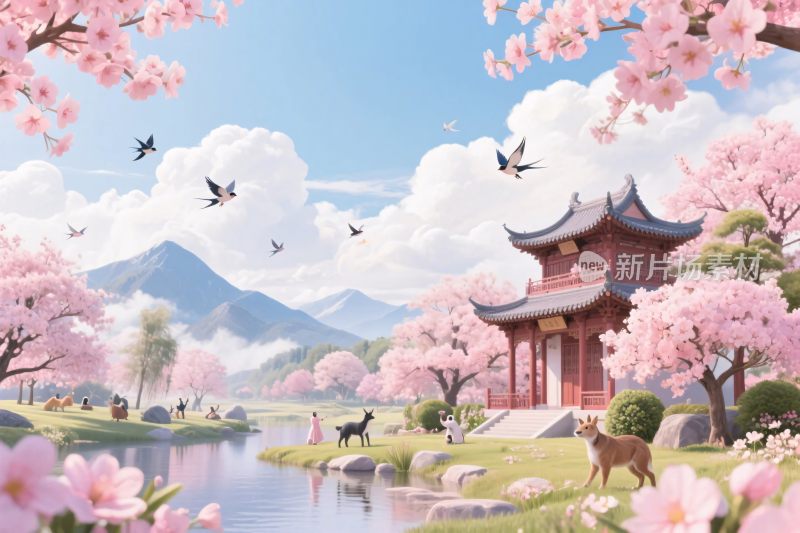 古风樱花山水插画