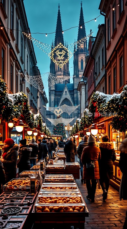 圣诞集市夜市繁华教堂高耸灯光璀璨人群熙攘
