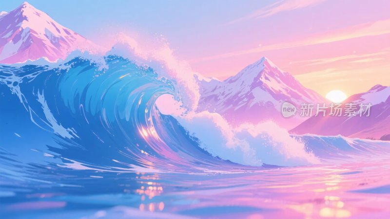 梦幻海浪与远山的美丽景象