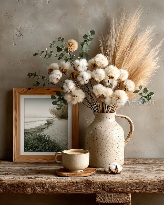 木质桌上的花瓶与装饰画