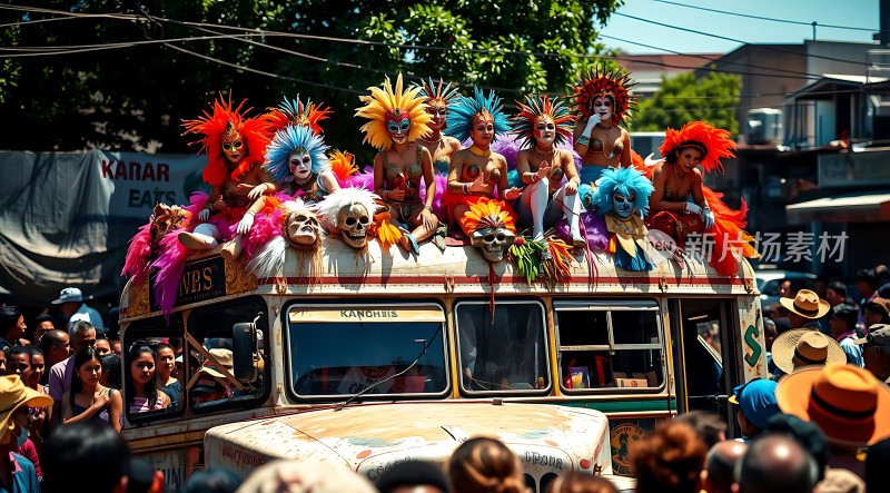 彩色面具与华丽服饰的节日游行队伍