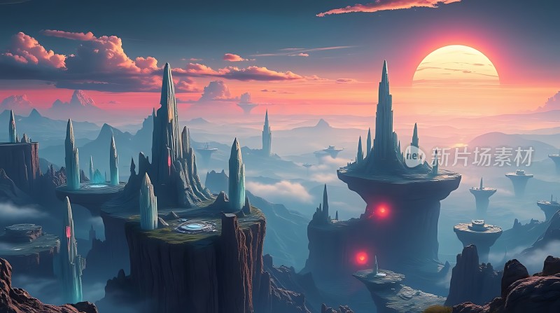 悬浮岛屿日落奇景