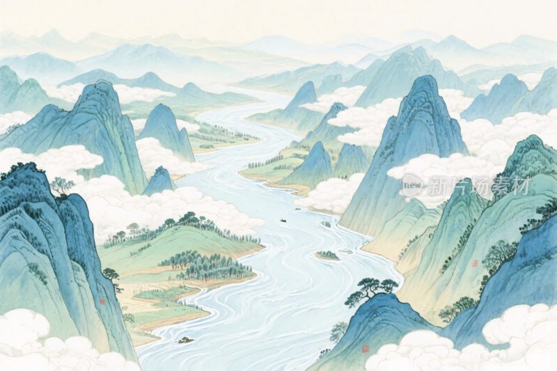 山水画卷风景插画