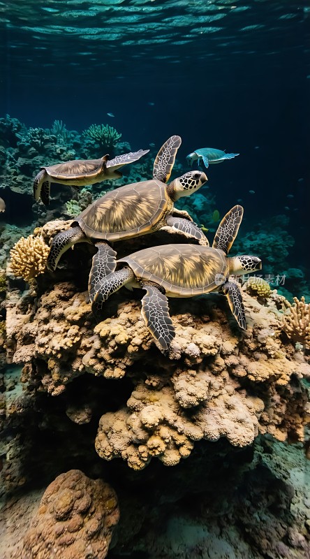 海龟与珊瑚共舞水下世界