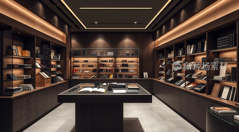 现代书房书架、桌椅与灯光营造温馨氛围