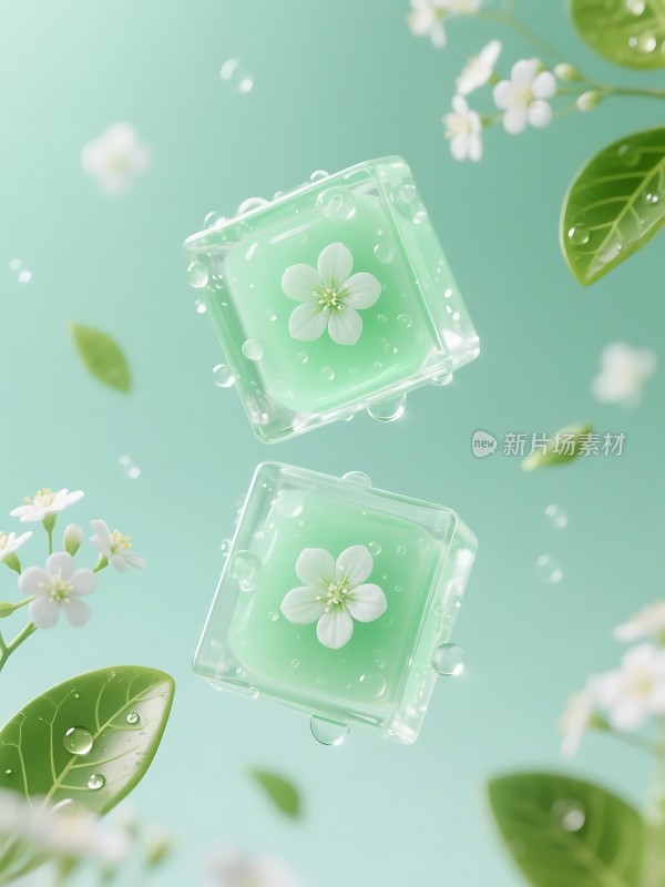 清新绿意花漾冰块