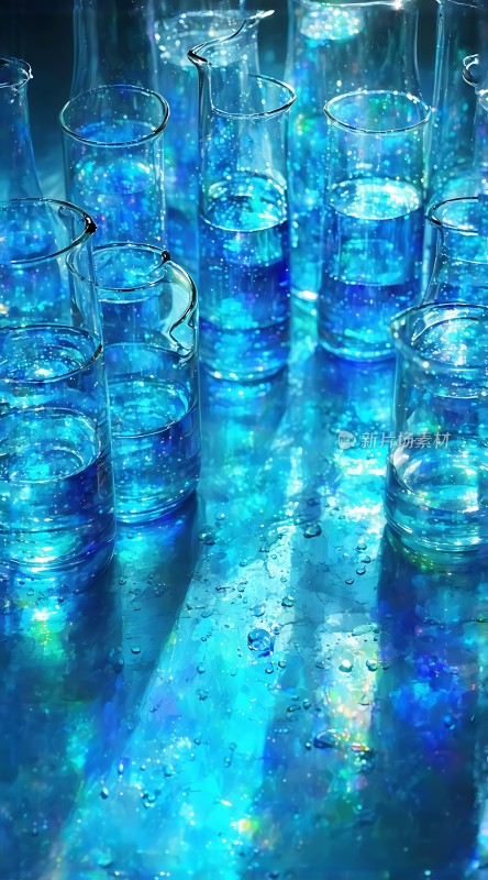 蓝色实验室玻璃器皿与液体