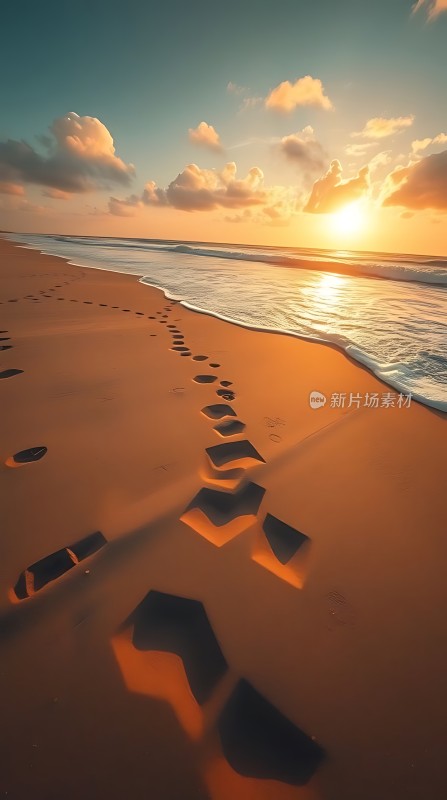 沙滩上的脚印夕阳下的海浪