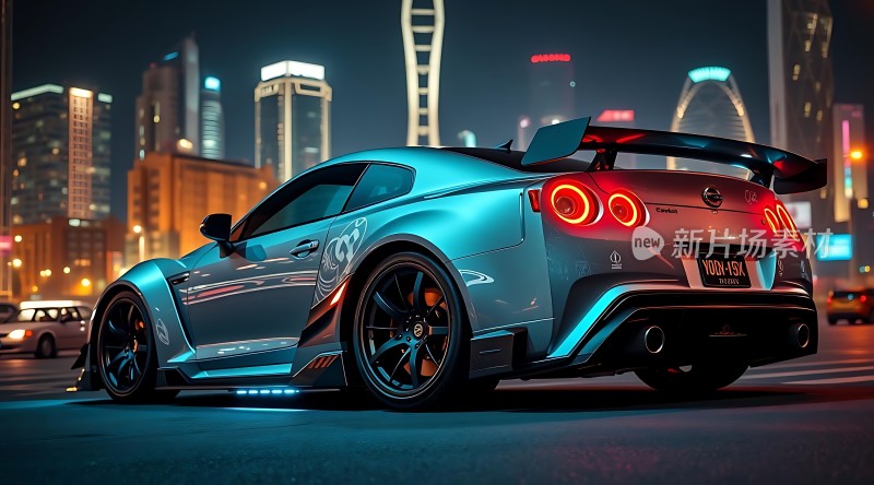 夜幕下的银色跑车城市高楼背景尾灯闪耀运动感十足