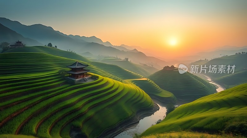 梯田晨曦山水画卷