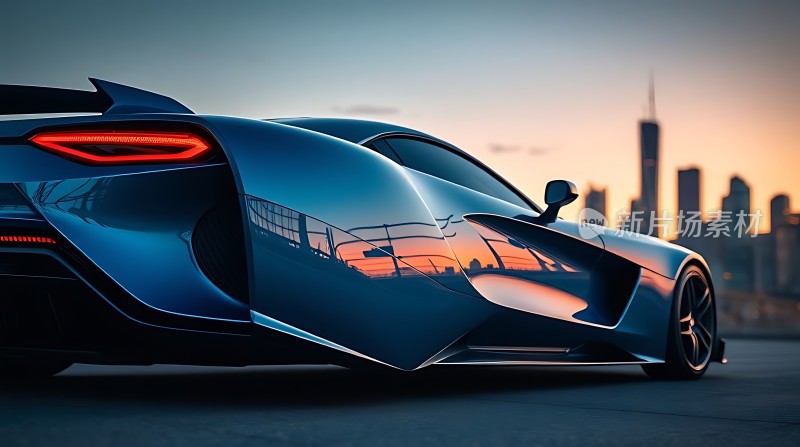 未来座驾蓝色跑车与城市天际线