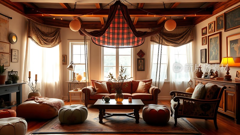 温馨客厅舒适沙发精美装饰自然光线营造和谐氛围