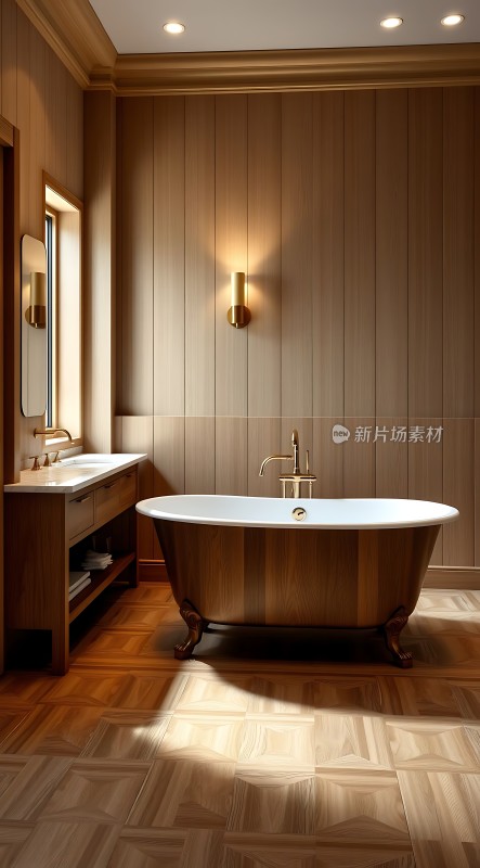 现代浴室设计木质墙面与地板白色浴缸和洗手台