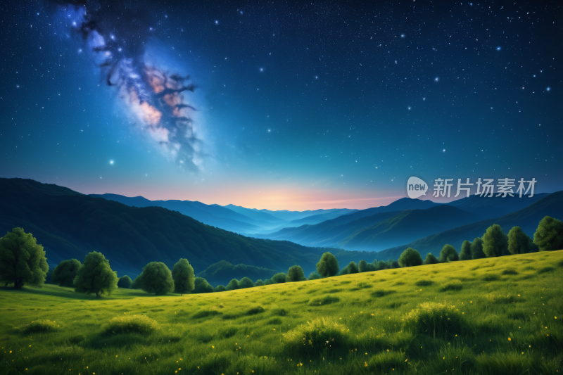 星空夜空有山脉和草地高清图片