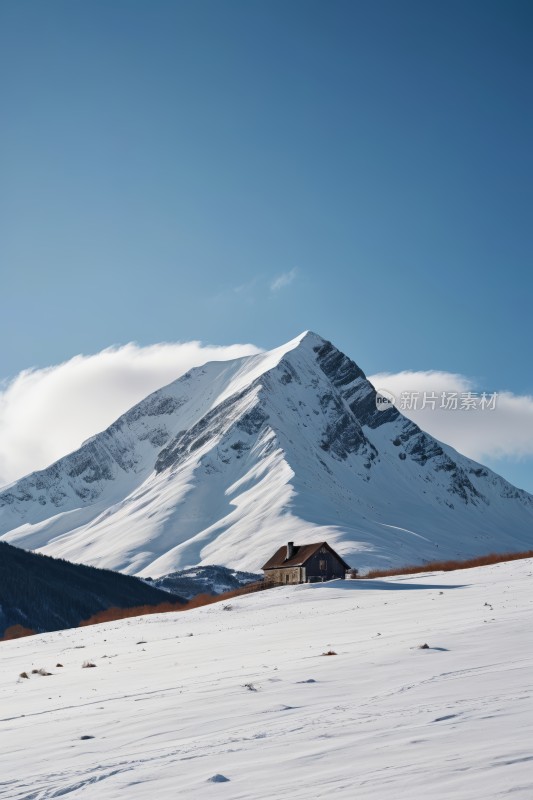 雪山前景是房子天空是云高清图片