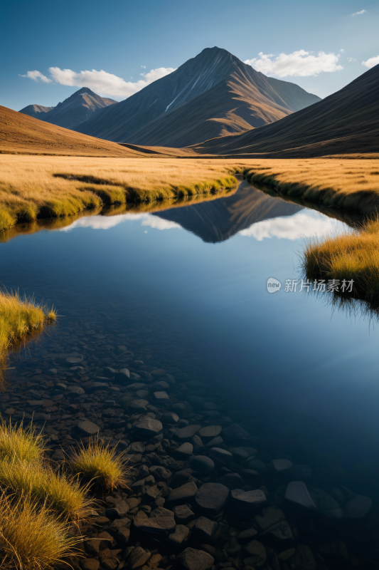 山倒映在草地上的小池塘里高清风景图片