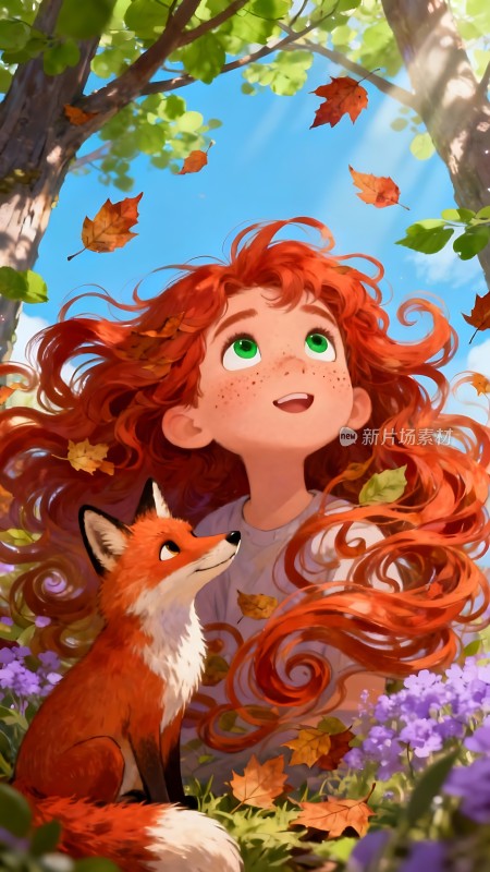 秋日红发女孩与狐狸
