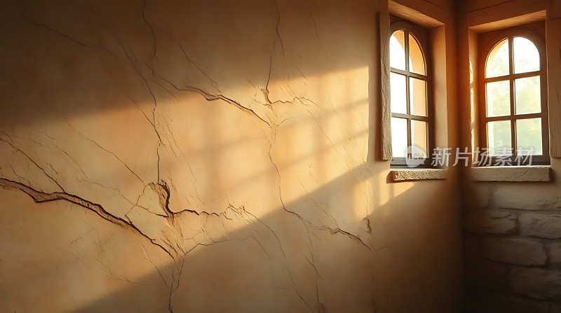 阳光洒在裂纹墙壁上透过窗户的温暖光芒