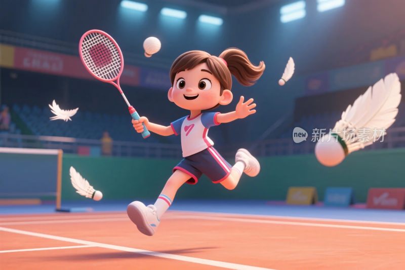 卡通女孩打羽毛球场景