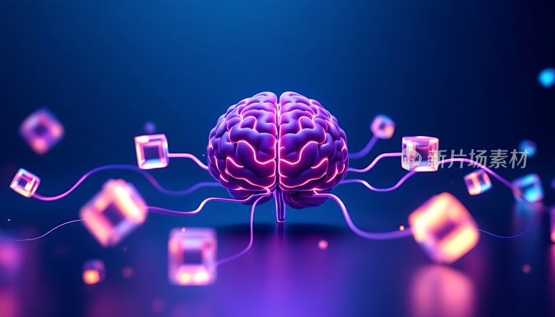 紫色大脑与发光立方体连接