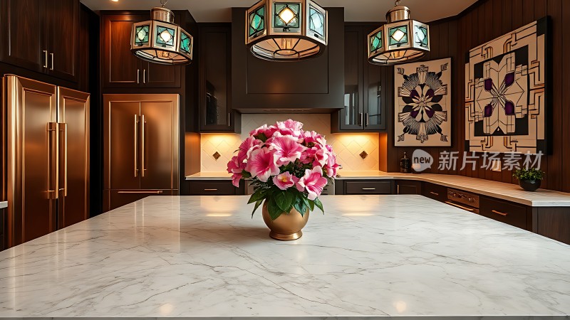 现代厨房设计大理石台面与金属冰箱相映成趣吊灯和装饰画增添艺术气息