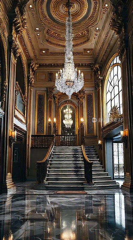 金色大厅璀璨吊灯与大理石楼梯
