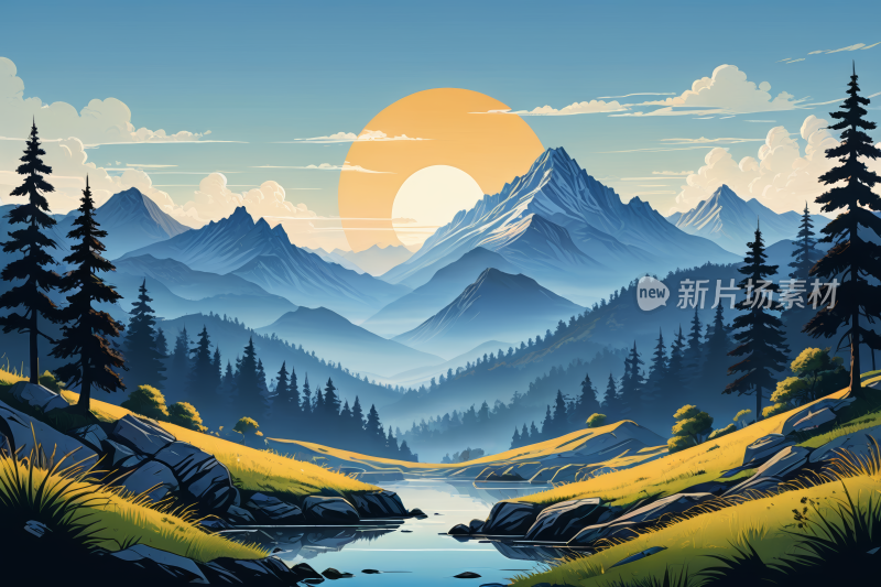 一江一树山景高清风景插画图片