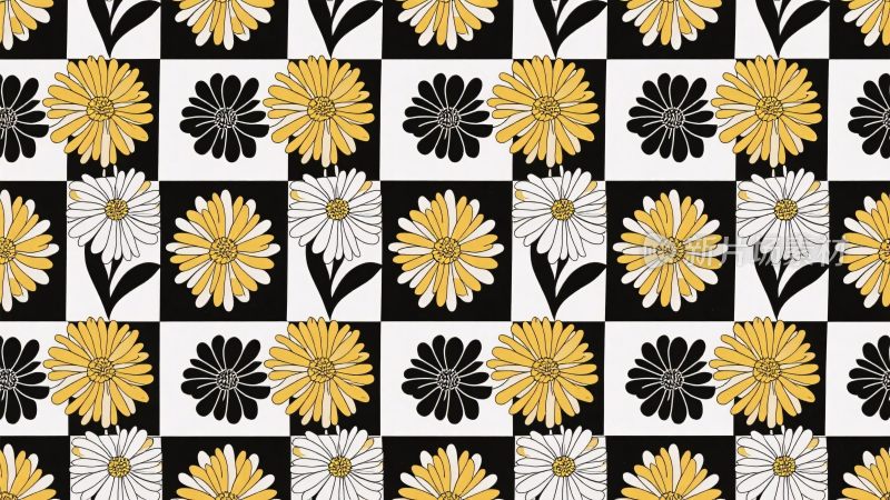黑白黄花方格图案插画