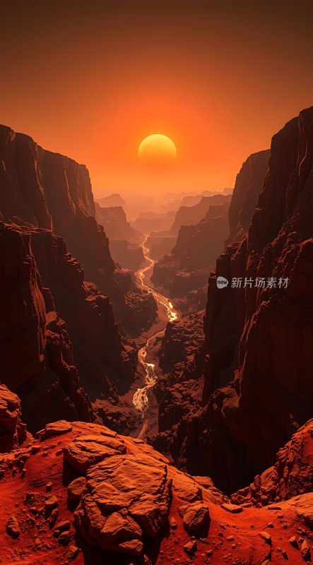 红色星球上的壮丽峡谷日落