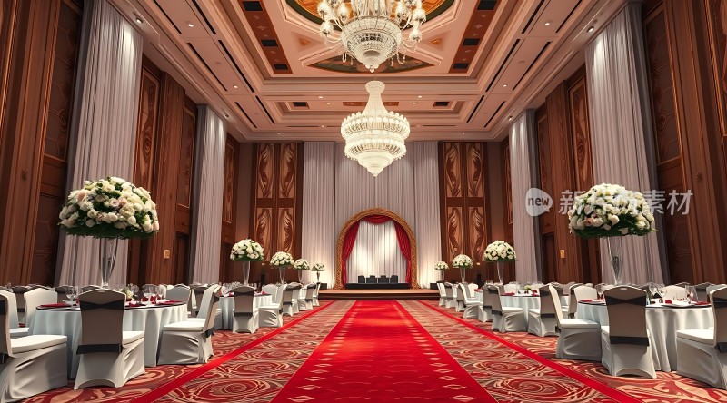 豪华宴会厅红毯铺地白色花卉装饰金色吊灯照耀