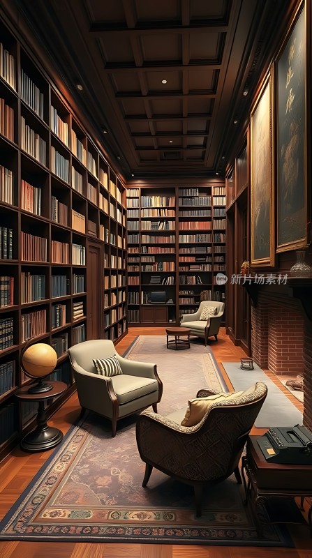 书架环绕的静谧书房古典与舒适并存