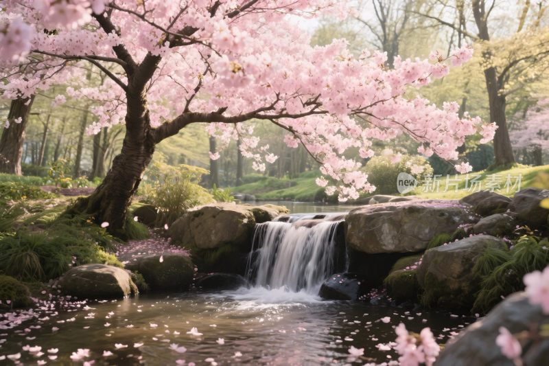春日樱花溪流自然风景
