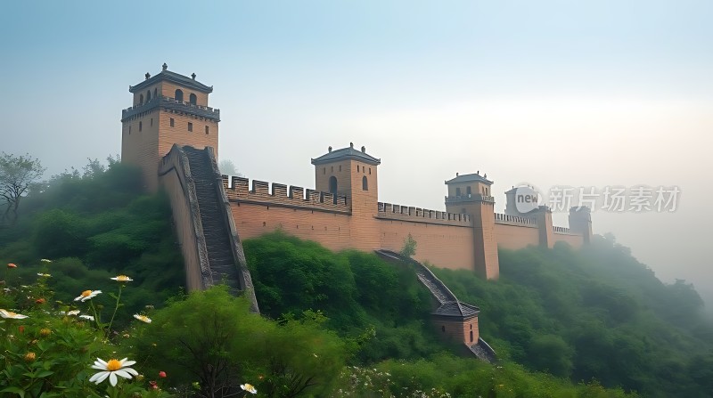 长城巍峨耸立绿意盎然映衬下更显壮丽