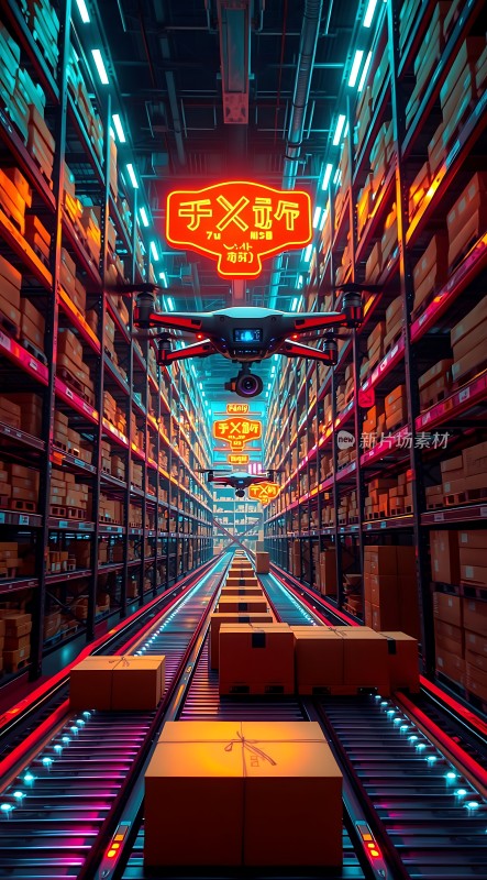 未来仓库无人机与传送带系统高效运作