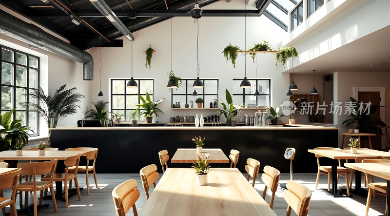 现代简约咖啡厅绿植点缀温馨氛围