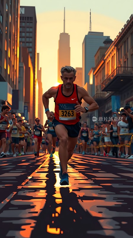 城市马拉松阳光下的奔跑者
