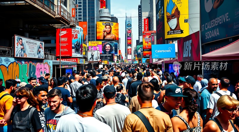 繁华都市街头人群熙攘广告牌林立