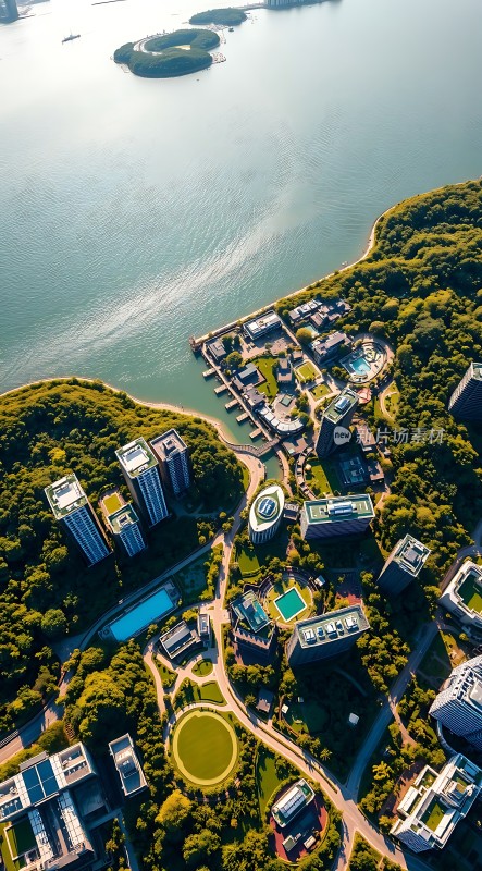 湖畔绿树环绕的建筑群