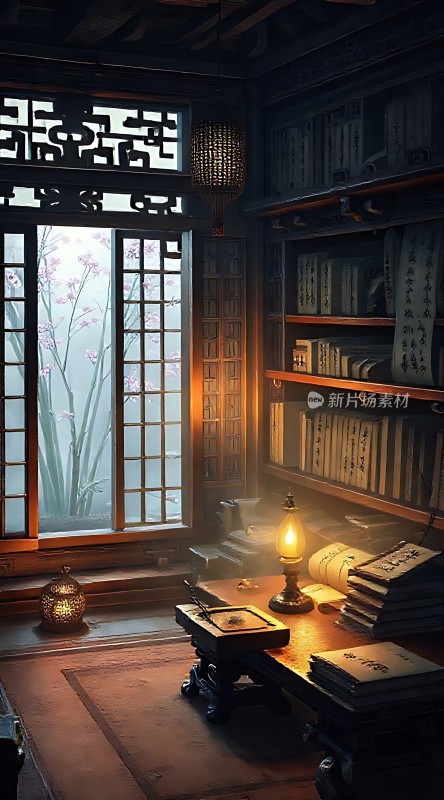 古风书房窗前书桌暖灯映照书香四溢