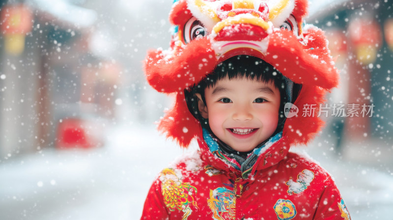 中国新年春节元宵节儿童带舞狮帽开心的笑