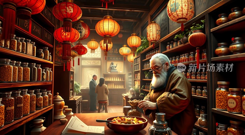 古风中药铺里的老人与顾客